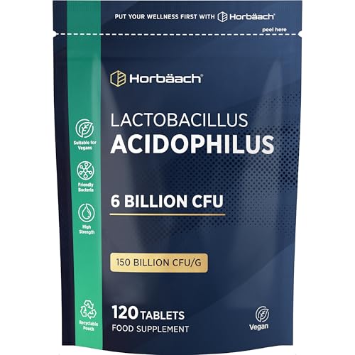 Lactobacillus Acidophilus 6 Billion CFU | High Strength Bio Cultures | 120 Vegan Tablets for Men & Women | by Horbaach