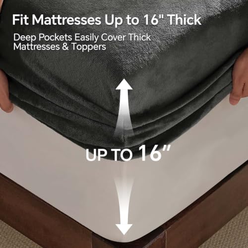 Image of BEDELITE Flannel Full Fitted Sheet & Pillowcases Set, Dark Grey, 3 Pieces | Ultra Soft Plush Fleece Bed Sheet with Elastic Corner Straps, 16 Inch Deep Pocket, Fuzzy All-Season Gift & Room Decor