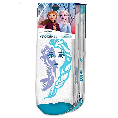 kiDS Niedrige Socken Knöchel Kinder Mädchen Die Eiskönigin Frozen 2 Elsa & Anna | Pack 3 in 1 | 2-9 Jahre | Baumwolle | Weiß Hellblau Pink | Größen von 23 bis 34 (23/26 EU)