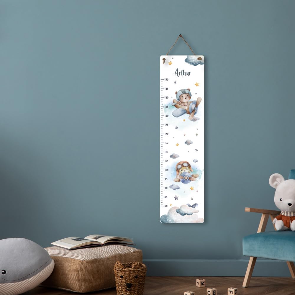 Adzif.biz Le sticker de decoration - Toise murale enfant personnalisable Avion - Toise prénom à suspendre - Tableau croissance enfant