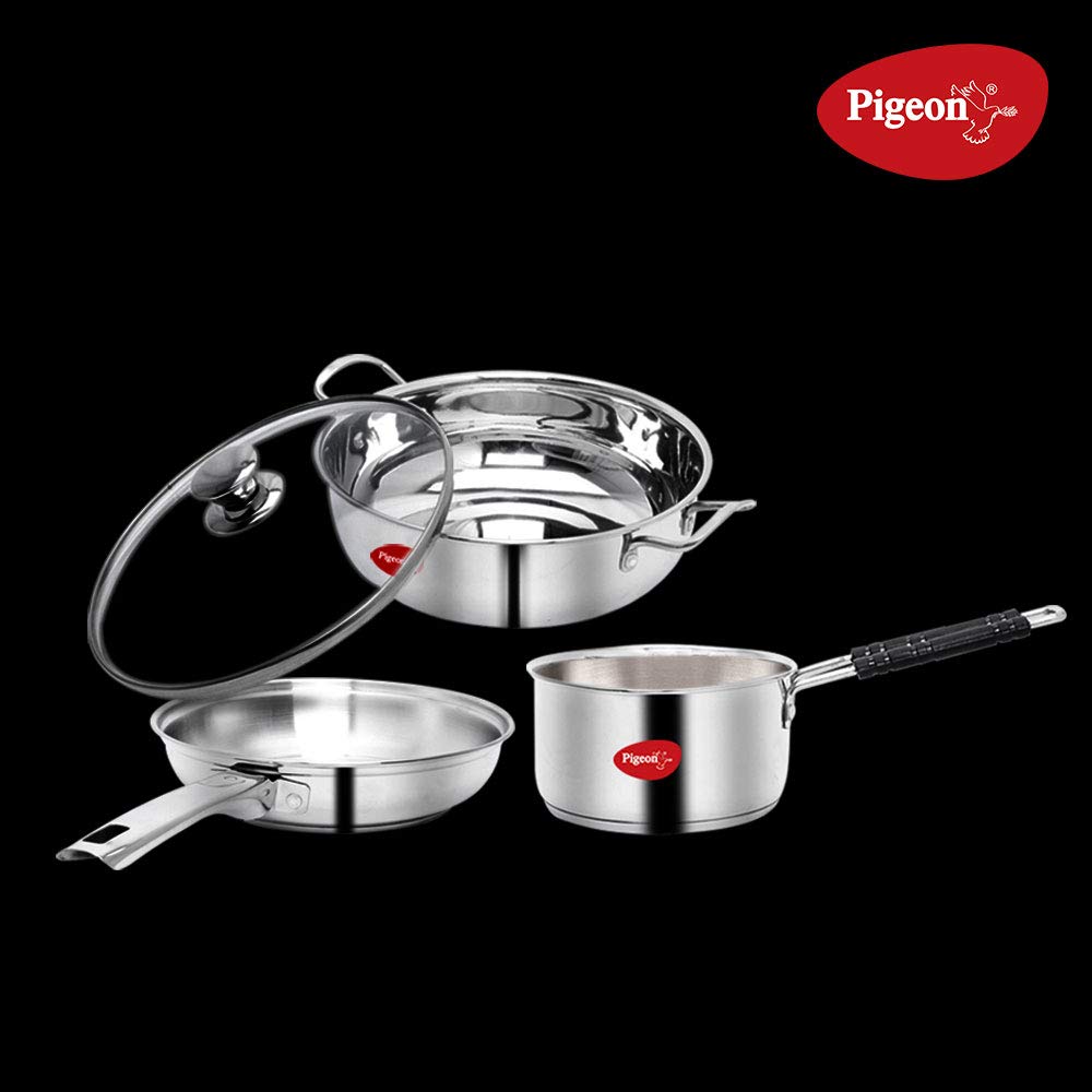 Pigeon by Stovekraft Stainless Steel Cookware Gift Set, Kadai with Glass Lid, Fry Pan and Sauce Pan