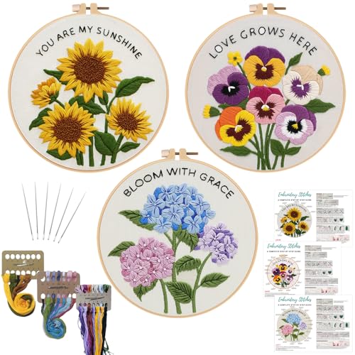 Image of Nuberlic 3 Pack Embroidery Kit for Beginners, Floral Cross Stitch Kit | Beginner Friendly Complete Embroidery Kit With Pre Printed Fabric And Premium Threads