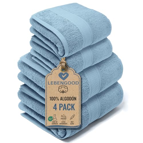 LEBENGOOD Juego de Toallas de Baño y Lavabo 100% Algodón Premium 550gsm | 2 Toallas Lavabo (50x90) y 2 Toallas Ducha (70x130) | Toallas Grandes, Suaves, Absorbentes y (2 50X90 2 70X130 Cielo)