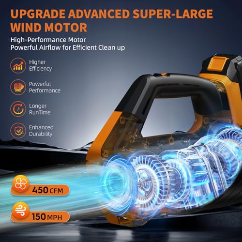 Image of Leaf Blower, Leaf Blower Cordless with 2 * 2.6AH Batteries and Fast Charger, 450CFM &150MPH and 2 Speed Mode, Lightweight Electric Leaf Blowers for Lawn, Yard, Leaves, Dust Care (Orange)