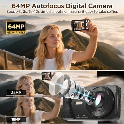 4K UHD Digital Camera, 64MP Autofocus Vlogging Camera 18X Zoom, Compact Digital Point and Shoot Camera with Anti-Shake&Built-in Battery, Small Travel Camera for Adult Beginners Teens, 32GB Card - Image 3