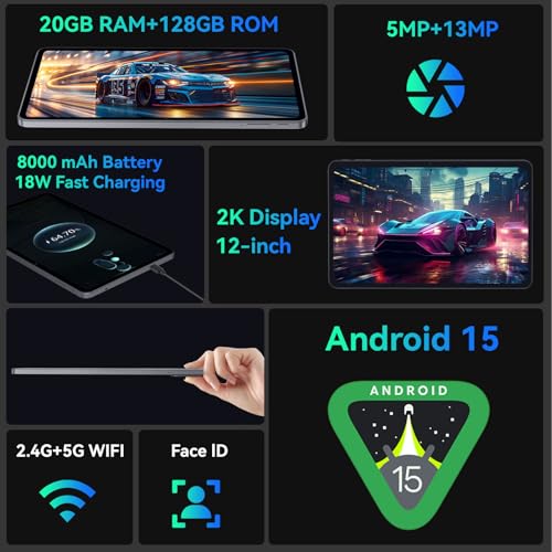 Image of 2025 Upgraded Android 15 Tablet with Case, Large Tablets 12 inch, Octa-core CPU,20GB+128GB+2TB Expandable,2000X1200 Touchscreen Display, 13MP+5MP Dual Cameras,8000mAh Large Battery+18W PD Fast Charge