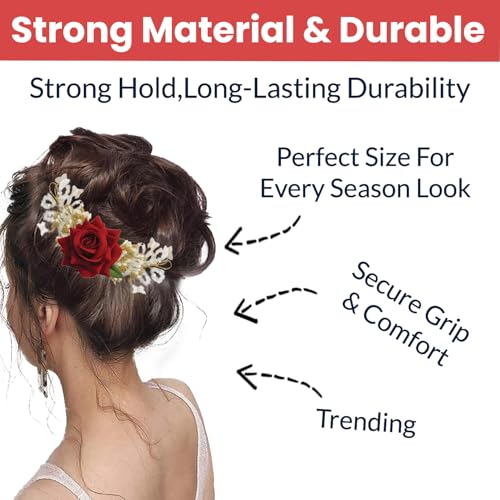 Image of TEMPERIA (1pc) Hair Accessories For Women's & Girls - Stylish Artificial Flowers & Crystal Pearls Bun Juda Bridal Brooch for Hairstyle & Decoration - Pins & Clips for Style of Bride (Red & White)