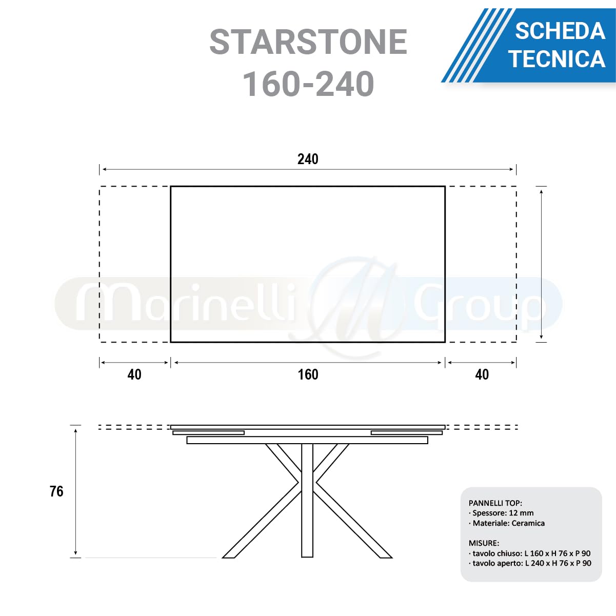 MarinelliGroup Tavolo allungabile in ceramica da 160 cm a 240 cm top da 12 mm gambe in acciaio Starstone (Calacatta Brown)