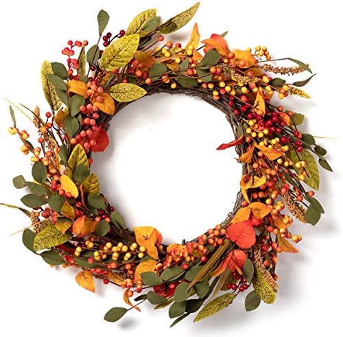 LOHASBEE Artificial Fall Harvest Wreath, 22 Inch Autumn Wreath with Leaves and Berries for Front Door or Indoor Wall Thanksgiving & Fall Season Hanging Wall Decor