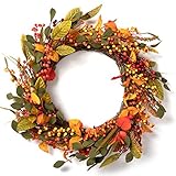 LOHASBEE Artificial Fall Harvest Wreath, 22 Inch Autumn Wreath with Leaves and Berries for Front Doo