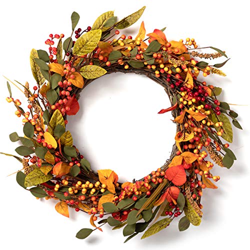 Lohasbee Artificial Fall Harvest Wreath, 22 Inch Autumn Wreath With Leaves And Berries For Front Door Or Indoor Wall Thanksgiving & Fall Season Hanging Wall Decor #TOP2