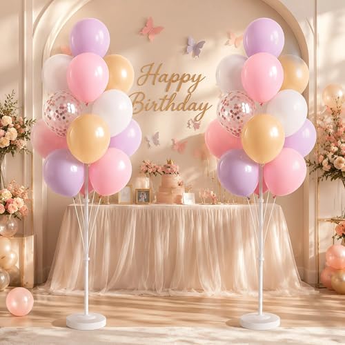 Image of Balloon Column Kit Set of 2,Anti-Tip Sand-Fill Base Balloon Tower Stand with 10 inch 26pc pink purple Confetti Balloons,Height Adjustable for Easter Birthday Wedding Bridal Party Decorations