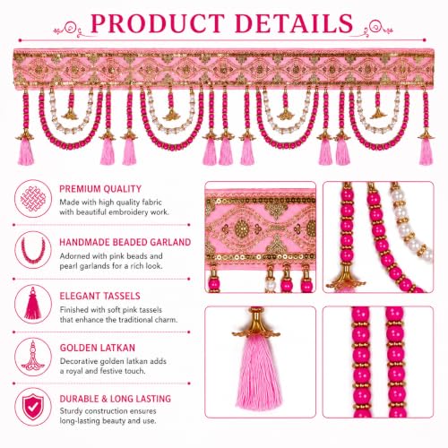 Image of ONESTA Premium Pink Decorative Door Toran for Main Door | Handmade Traditional Bandarwal with Pearl Beads Golden Bells & Tassels | Festive Door Hanging for Diwali Wedding Housewarming Navratri & Home Decor 3 Feet (Size 36 Inch Pack 01)