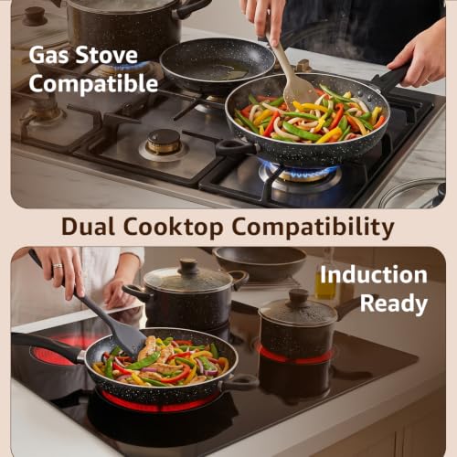 Image of Amazon Basics Granite Nonstick Cookware Set 4 Pieces | 16 cm Saucepan 1.5 L, 24 cm Fry Pan 1.6 L, 24 cm Casserole 4.7 L, 28 cm Wok 3.5 L with Lids | Aluminium Body | Gas & Induction Compatible