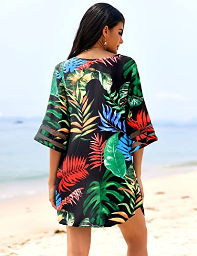 Ekouaer Coverups for Woman Deep V Neck Swimsuit Coverup Loose Knee Length Beach Cover Dress Curved Hem Half Sleeve Cover-Ups Tropical L - Image 4