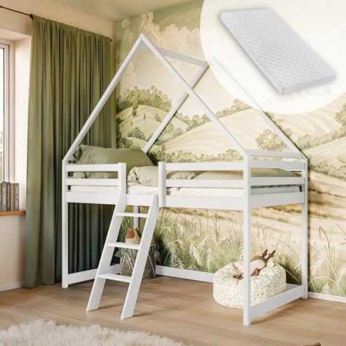 Kids Collective Hochbett 80x180 cm Kinderbett Hausbett Kinderhochbett Bett Mit Matratze Rausfallschutz, Leiter & Lattenrost | Kiefer-Massivholz | 80x180cm: von 3. bis 12. Lebensjahr, Weiß Kids Collective Hochbett 80x180 cm Kinderbett Hausbett Kinderhochbett Bett Mit Matratze Rausfallschutz, Leiter & Lattenrost | Kiefer-Massivholz | 80x180cm: von 3. bis 12. Lebensjahr, Weiß