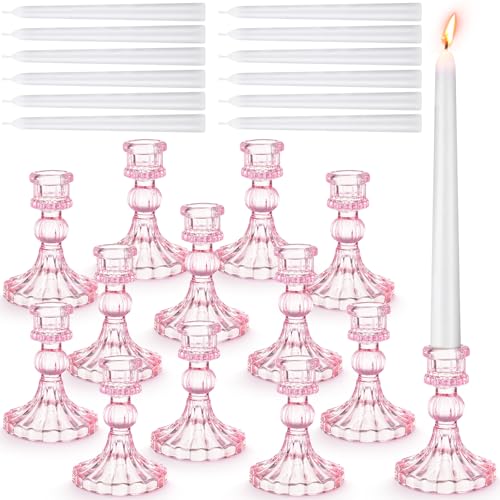 Suclain 24 Pcs Glass Candle Holder Set 12 Candlestick White Candles,Pink