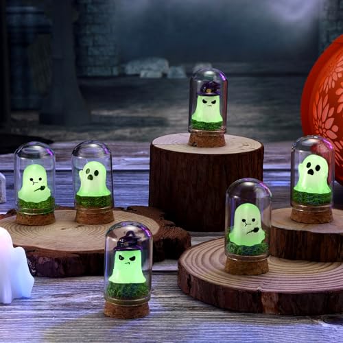 Wonderjune 6 Sets Halloween Ghost in a Jar Adopt a Ghost Ghost Glow in The Dark Mini Ghost Figurine with True Moss in Glass Dome Decor Novelty Spooky Decor for Halloween