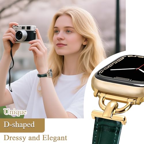 Image of Leather Band Compatible with Apple Watch Bands for Women, Dressy Fancy Strap for iWatch Series 11 /10 /9 /8 /7 /6 /5 /4 /3 /2 /1 /se /Ultra /Ultra 2(49mm 46mm 45mm 44mm 42mm,Dark Green /Gold)