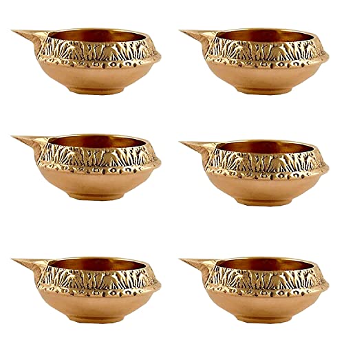 Shiv Shakti Arts Brass Diya for Puja Oil Lamp, Brass Diwali diyas, Puja Items for Diwali Decor - Deepak for Pooja Diwali Decorations Items, Diwali Lamps (Gold_6.2 X 4 X 2.2 cm) (Set of 6)