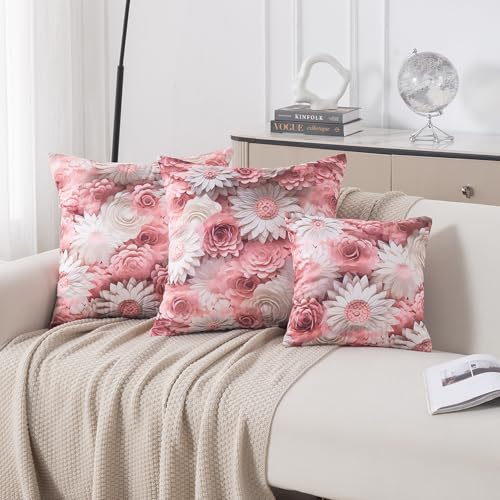 Image of HOKIPO 'Nature Muse 7D' Premium HD Printed Holland Velvet Sofa Cushion Cover | 16x16 Inch (40x40 cm) | Pack of 2, Blush Bouquet (IN-923-D6*2)