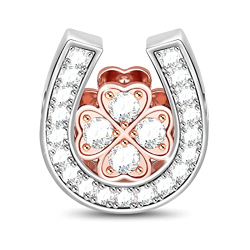 GNOCE "Lucky Horseshoe Golden Flower Shaped Lucky Heart Horseshoe Dangle Bead Charm BWith Crystals Rose Gold Leaf Clover in Horseshoe Sterling Silver Fit Bracelet Necklace Women Gift Pendents