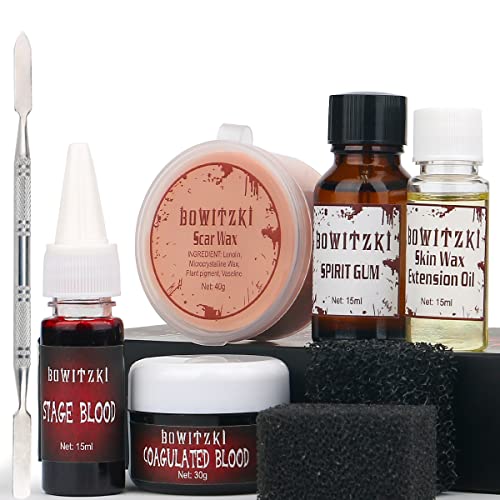 Bowitzki Halloween Sfx Makeup Kit Scar Wax Special Effect Makeup,Scab Blood + Spirit Gum + Skin Wax + 2 Stipple Sponges + Extension Oil + Spatula + Fake Blood #TOP17