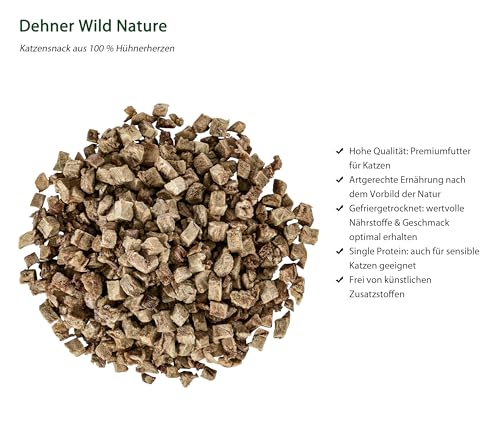 Dehner Wild Nature Katzensnack, Premium Leckerli glutenfrei / zuckerfrei, für ernährungssensible Katzen, gefriergetrocknet, Hühnerherzen, 6 x 20 g (120 g)