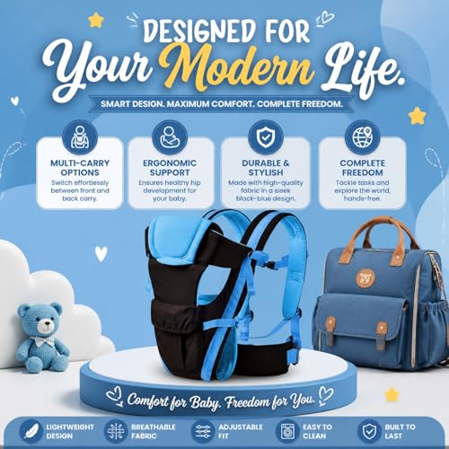 Image of LittleBoo New Born Baby Carrier Bag 4-in-1 Adjustable Baby Sitting Carrier Bag - Front & Back Carry with Head Support, Safety Belt & Buckle Straps for 0-24 Months (Black-Blue)