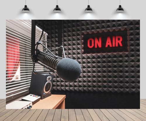 CHNYWORK 7ftx5ft Professional Microphone Backdrop Radio Station Studio On Air Sign TV Show Newscaster Studio Background Reporter Interview Stage Video Recording Decor Photo Booth Studio Props