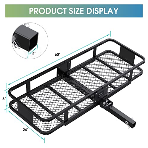 Kaizonpot 60" X 24" X 6" Trailer Hitch Cargo Carrier Hitch Mount & 20Cu Waterproof Cargo Bag, Folding Vehicle Cargo Basket 550Lb Capacity With Hitch Stabilizer, Net And Straps #TOP6