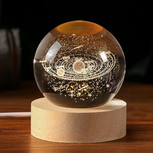 Image of UCRAVO 3D Galaxy Crystal Ball with Wooden Base, 3D Solar System, Planet Engraved Glass Ball Cosmic Model, Luminous Crystal for Christmas Nightlight Astronomy Gifts for Kids Birthday