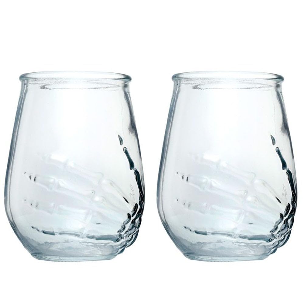 Puckator Clear Skulls And Roses Skeleton Hand Set Of 2 Glass Tumblers