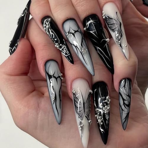 Lilbitty 24 Piezas de Uñas Postizas Stiletto Gótico para Halloween – Uñas Largas Falsas Y2K con Adhesivo, Gel y Accesorios