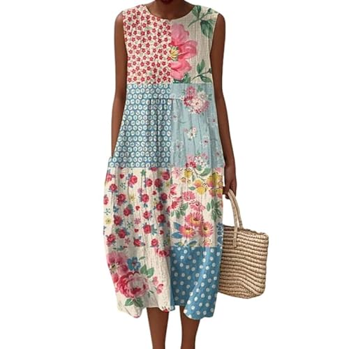 WLLDDDIU Vestido de Muselina para Mujer, Sin Mangas, Informal, de Lino, para Playa, de Verano, Cuello Redondo, Estampado Floral Vintage, Ligero, Holgado, Midi, con Bolsillos, Talla X XL