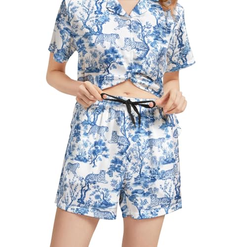 Image of Silk Satin Pajama Set for Women Summer Lounge Pjs Sets 2 Piece Suit Ladies Button Down Tops And Shorts Sleepwear
