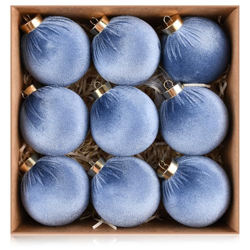 Velvet Ornaments for Christmas Tree Decorations - Dusty Blue Xmas Ball Ornament for Indoor Holiday Decor - Shatterproof Christmas Bulbs Ornaments 80mm 3.15inch - Pack of 9
