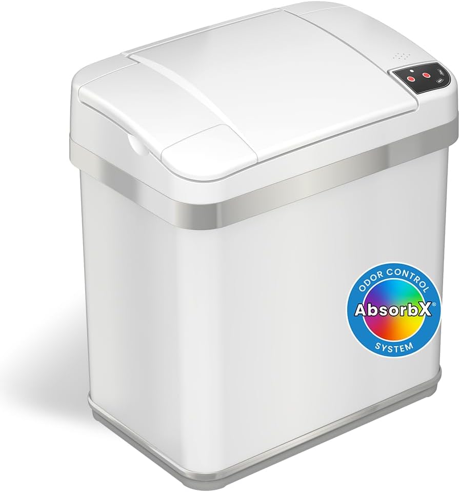 iTouchless 2.5 Gallon Sensor Trash Can with AbsorbX Odor Filter and Air Freshener, 9.5 Liter Pearl White Touchless Wastebasket Bin for Bathroom, Bedroom and Office Pure White, 2 Gal