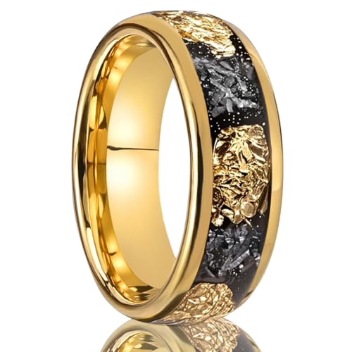 Concept Knight Mens Tungsten Carbide Ring 8mm Inlaid Gold Foil and Meteorite Fragments Couple Engagement Wedding Rings Fashion Luxury Suitable for Daily Wear (8MM Gold R)