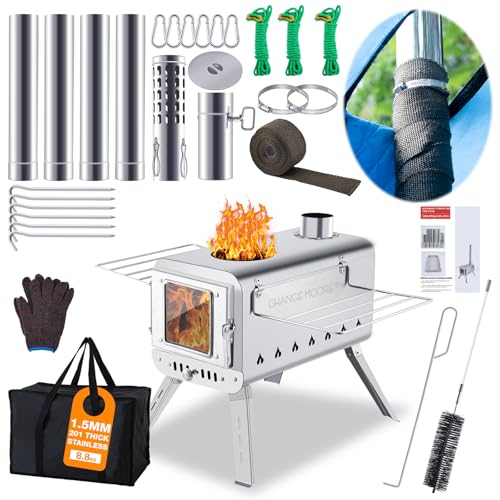 CHANGE MOORE Hot Tent Stove, Secondary Burn Design - Improve Combustion Efficiency, Portable Wood Burning Tent Stove w/Chimney Pipe & Anti-scalding Cloth, for Outdoor Camping, Hunting, Ice Fishing