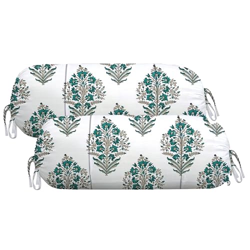 Image of Trance Home Linen 100% Cotton 16x32 inch 200TC Printed Pipe-in Bolster Cover | Bolster Pillow Cover to fit 24 inch Length 9 inch Dia | Pack of 2 Bolster Cover only (16x32 inch, Madhuban Green)