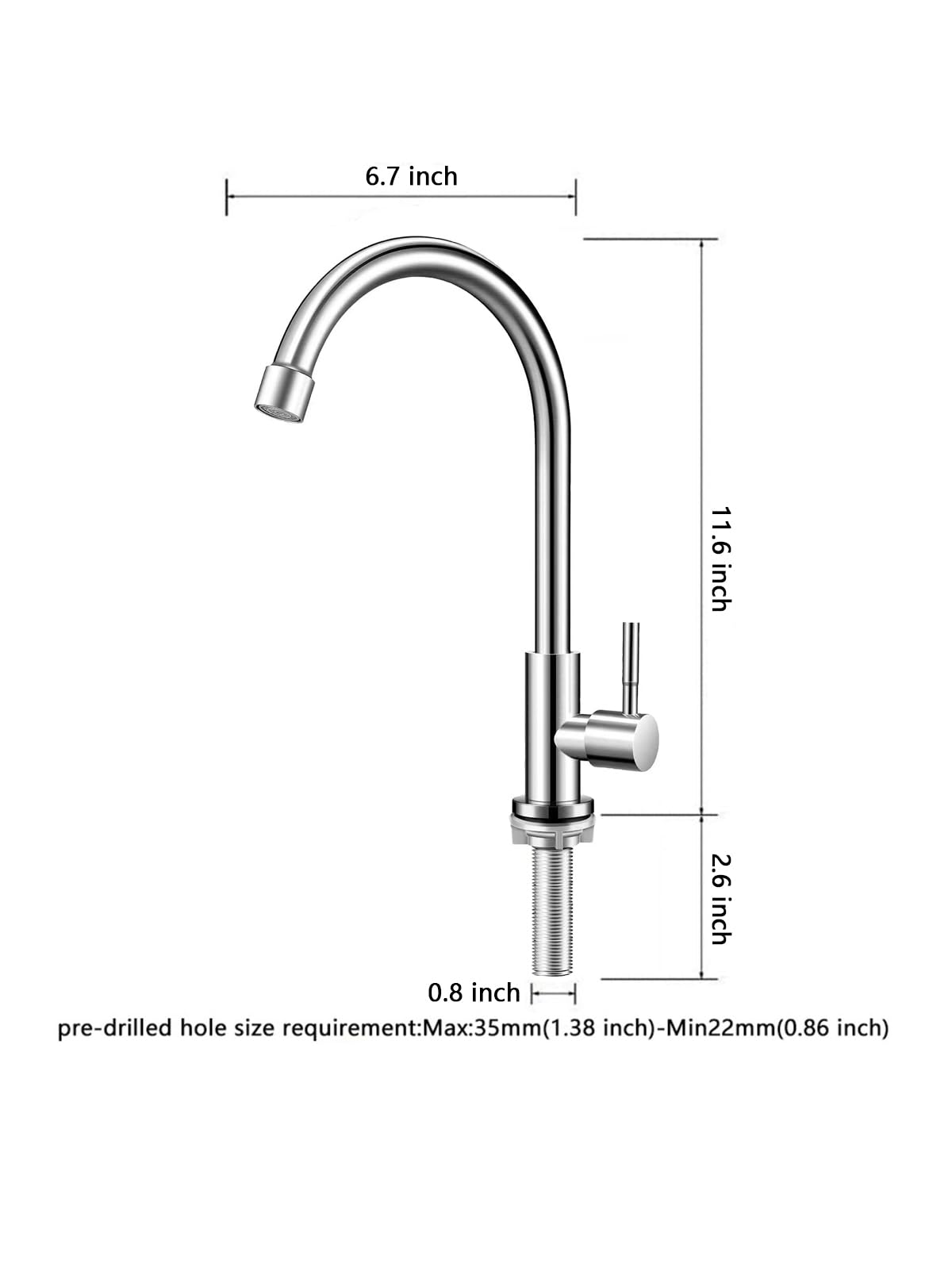 Grifo de agua fría solamente, grifo de cocina de agua fría de un solo agujero, níquel cepillado, grifo frío de acero inoxidable para cocina. Al aire libre (tuerca de acero inoxidable, varilla roscada