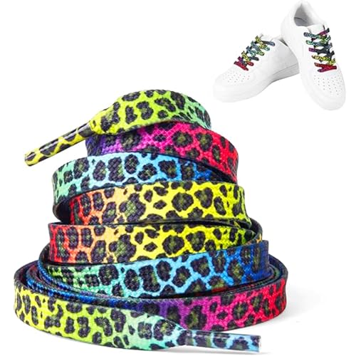 Gtudkae 1 Pair 55 In Leopard Print Rainbow Thin Flat Shoelaces For Sneakers, Colored Shoe Strings...