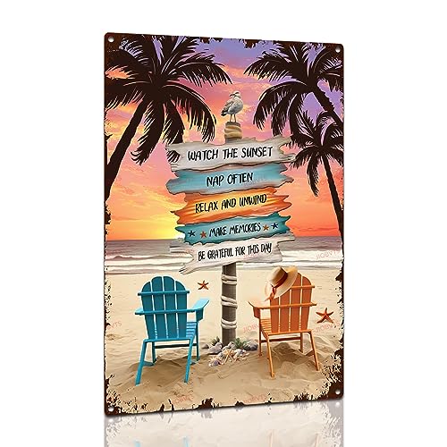 Funny Vintage Tropical Palm Tree Beach Sunset Metal Signs for Bedroom Bar Wall Decor 8x12 Inch