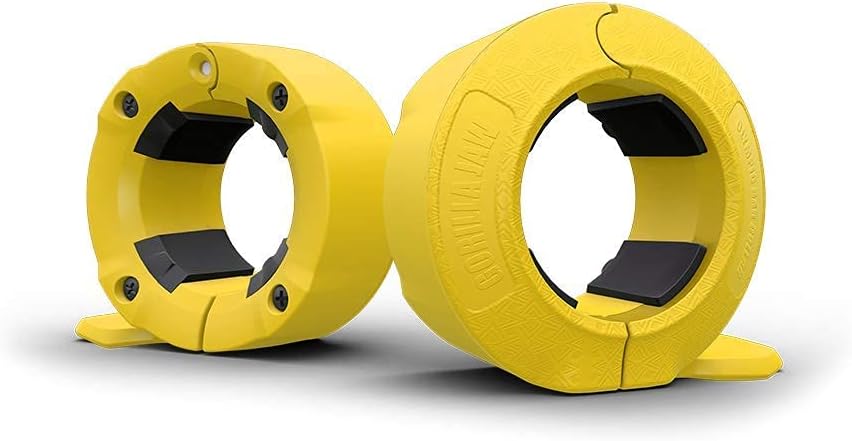GORILLA JAW, GorillaJaw Olympic Barbell Clamps Quick Release Pair of Locking 2In Pro Olympic Weight Bar Plates Nylon Locks Collar Clips for Workout Fitness Exercise Barbell Clamp YellowBlack