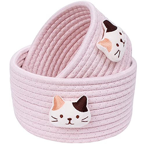 Image of LixinJu Small Basket for Organizing Small Woven Basket Set of 2 Cat Small Rope Basket Decorative Mini Storage Bins Round Little for Desk Dog Cat Toy Kids Baby Girls Gifts, Pink