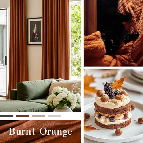 Image of Extra Long Burnt Orange Curtains Back Tab 52x108 Inch 2 Panels | Soft Velvet, Room Darkening, Lined, For Tall Windows & High Ceilings, Light Shifting Texture, Elegant Drape, Luxury