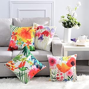 Outdoor Decorative Throw Pillow Cover 18×18 Inch Patio Flower Pillow Cushion Cases for Couch Sofa Bed Insert Not Included–4 Packs