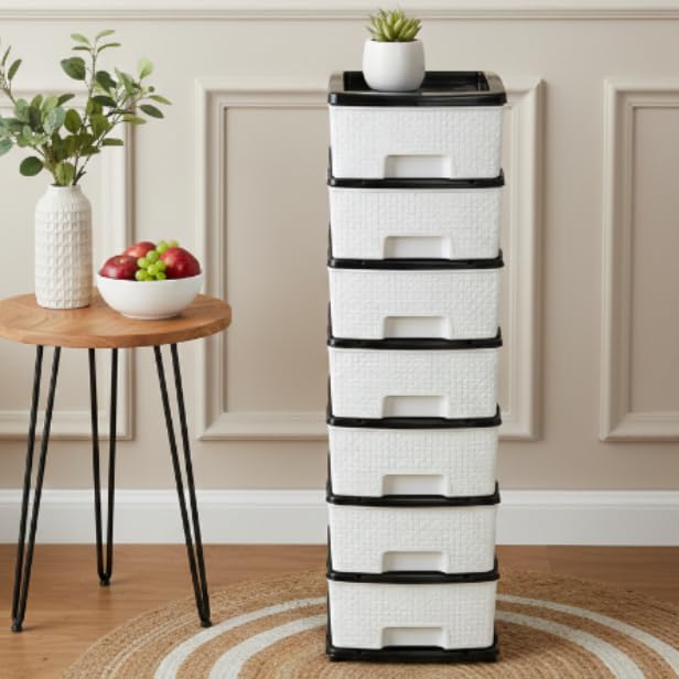 Image of Plastic Modular Drawer Storage Chest Of Drawers Organizer Storage Box, Large Stomo Racks For Multipurpose Anti-slip Shoes Organizers (White & Black, 7 Layer)