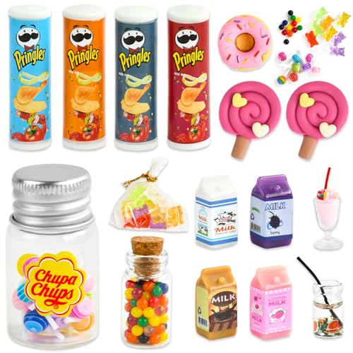 Comida Miniatura 16 Piezas Mini Food Comida Miniaturas para Casa de Muñecas Mini Patatas Fritas/Leche/Chupachups/Chocolate/Donuts/Bebidas/Caramelo Accesorios Casa de Muñecas Juguetes Miniatura